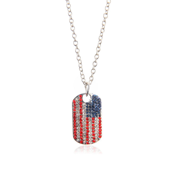 Cubic Zirconia Diamond American Flag Dog Tag Necklace