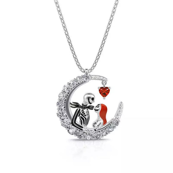 NIGHTMARE BEFORE CHRISTMAS JACK AND SALLY CRESCENT MOON PENDENT NECKLACE