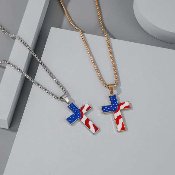 American Flag Patriotic Cross Enamel Pendant Necklace