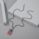 Men Stainless Steel USA Flag Rectangle Dog Tag Pendant Necklace