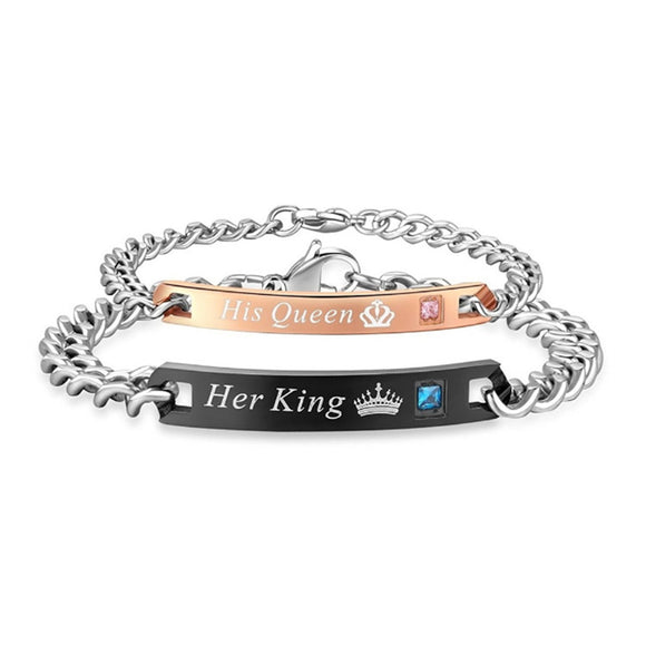 Stainless Steel His Queen/Her King Her Beast/His Beauty Couple Bracelet Lovers Matching Chain Bangle
