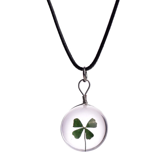 Four-Leaf Clover Nature Plant 20mm Glass Ball Pendent Necklace