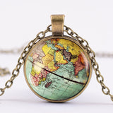 Globe Dome Time Gem Necklace Double Sided Round World Map Pendant Necklace